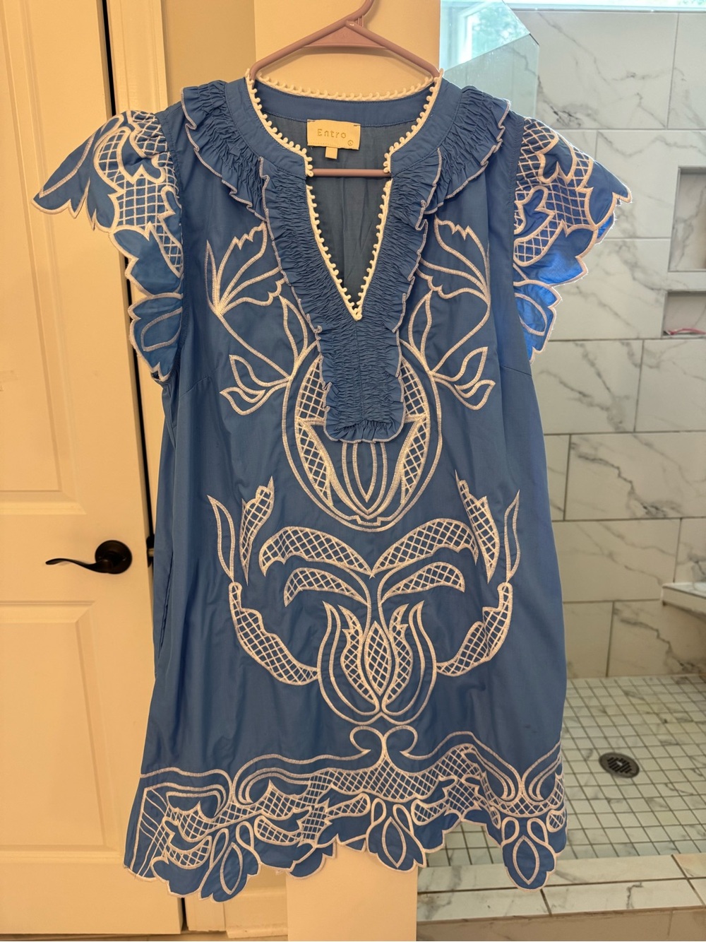 entro Blue Embroidered Ruffled V-Neck Mini Dress